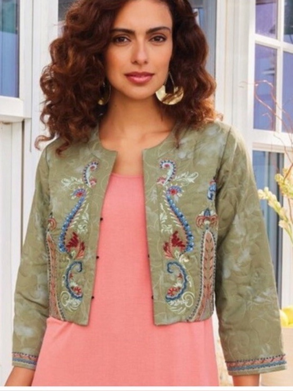 Soft Surroundings Olive Embroidered Cropped Jacket